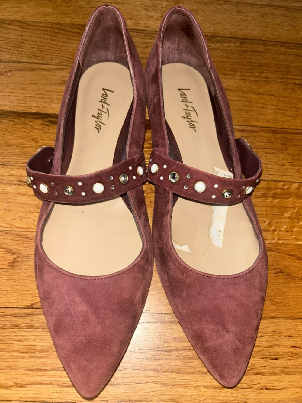Lord & Taylor Designer Merlot Suede Pointed Mary Jane Flats with Studded Straps